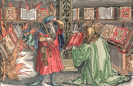 Gravure (colorisée ultérieurement) extraite de l'ouvrage allemand Von der Artzney bayder Glück, des guten und widerwertigen de Francesco Petrarca publié en 1532. Portant le titre Von menge und vile der bücher (De la quantité et de la diversité des livres), elle représente une scène se déroulant chez un libraire-imprimeur : un seigneur admire un exemplaire que lui présente le marchand, tandis qu'un enfant met le feu à des étagères de livres
