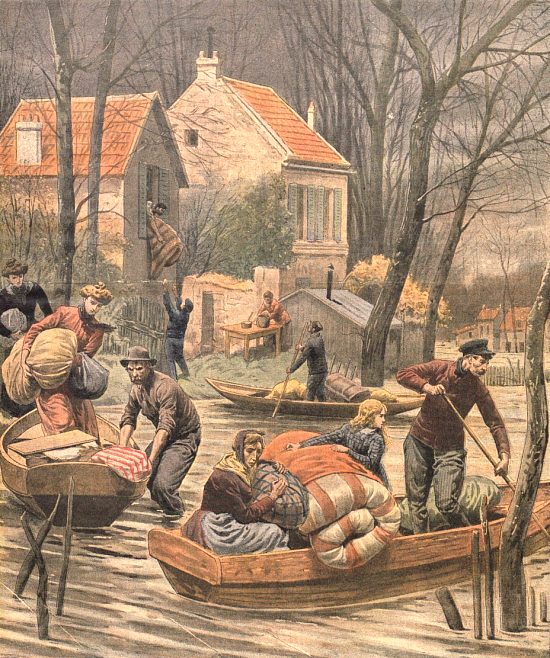 Pour la seconde fois en dix mois, les riverains de la Seine sont forcés de fuir leur logis. Illustration parue dans Le Petit Journal. Supplément du dimanche du 27 novembre 1910