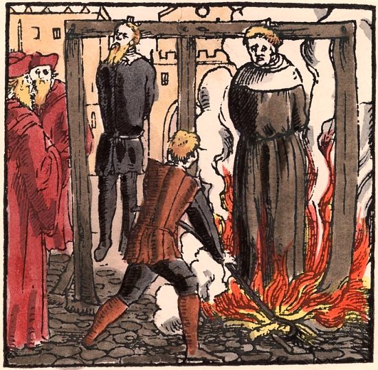 Exécution d'hérétiques par le feu. Gravure extraite de Historien der heyligen ausserwölten Gotteszeügen, par Ludwig Rabus (1557)