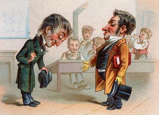 L'inspecteur face à l'instituteur. Chromolithographie publicitaire de 1879