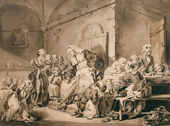 L'institutrice dans l'école du village. Dessin de 1765 de Jean-Baptiste Greuze