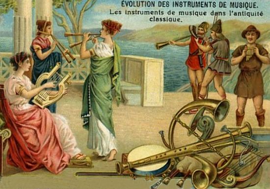 Les instruments de musique dans l'antiquité classique (lyre, corne, barbiton, flûte...). Chromolithographie de 1910