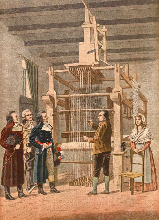 En janvier 1802, accompagné de deux députés, Lazare Carnot visite l'atelier de Jacquard à Lyon. Gravure extraite du Supplément du dimanche du Petit Journal en date du 6 janvier 1901