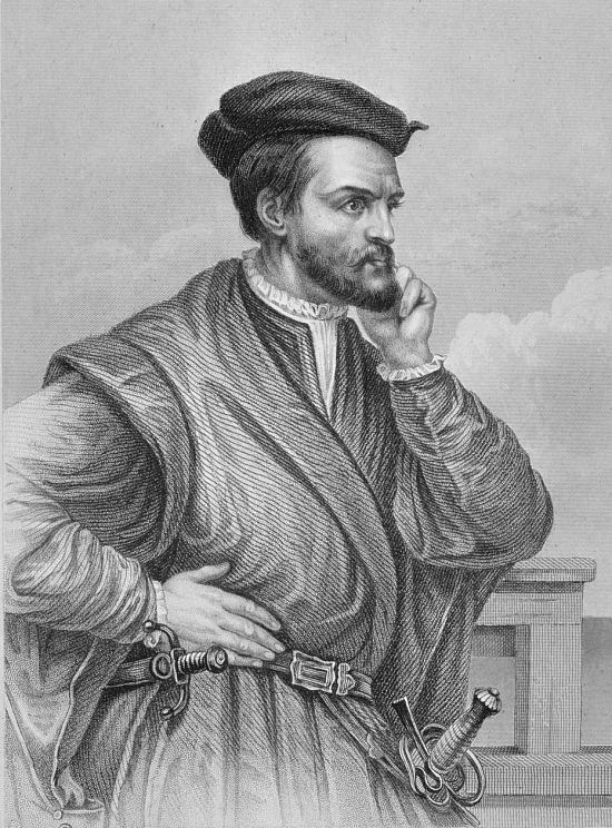 Jacques Cartier. Gravure de 1854 attribuée à Pierre-Louis Morin (1811-1886) et réalisée d'après une peinture de 1844 de Théophile Hamel (1817–1870)