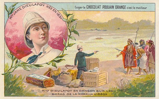 Jane Dieulafoy en danger sur les bords de la Kerkha en 1885. Chromolithographie publicitaire des années 1890