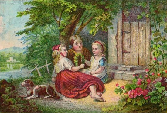 Confection d'une couronne de fleurs. Chromolithographie de 1877