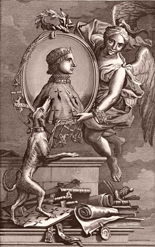 Jean IV de Bretagne. Dessin réalisé par le frère Jean Chaperon d'après un vitrail de l'église des Cordeliers de Rennes (aujourd'hui détruite) et publié dans Histoire de Bretagne composée sur les titres et les auteurs originaux (par Guy-Alexis Lobineau), paru en 1707