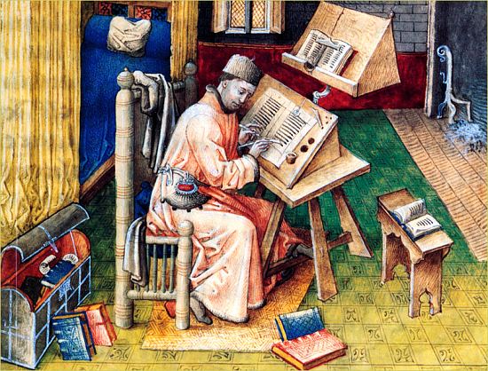 Jean Mélot, scribe et traducteur de Philippe le Bon. Enluminure extraite du manuscrit 9278 de la Bibliothèque royale de Bruxelles (XVe siècle)