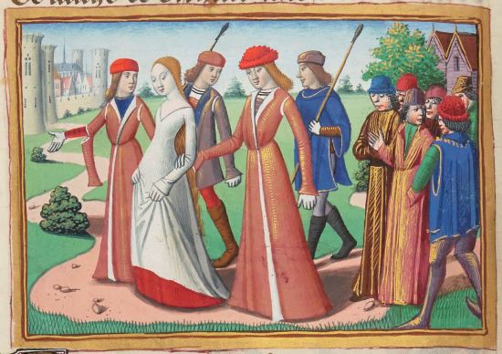 Jeanne d'Arc conduite devant le roi Charles VII à Chinon. Miniature extraite des Vigiles de Charles VII, par Martial d'Auvergne (1484)