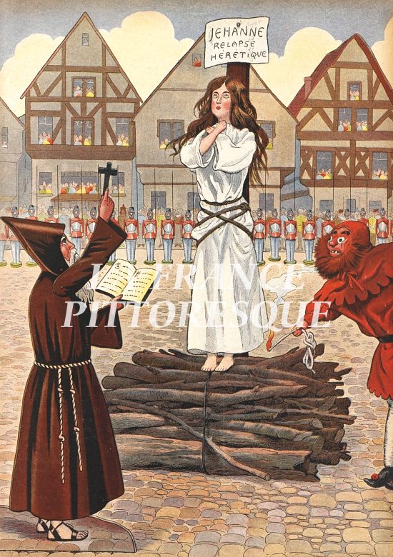 Supplice de Jeanne d'Arc. Illustration extraite de Jouons à l'Histoire. La France mise en scène avec les joujoux de deux petits Français de Job et Georges Montorgueil, paru en 1908