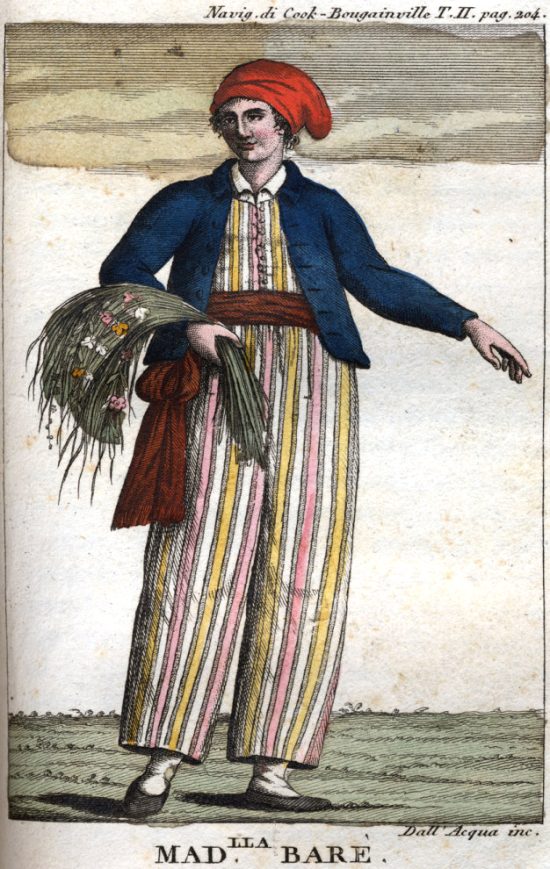 Jeanne Barret. Estampe extraite d'une édition italienne de 1816 du tome 2 des Voyages de Cook autour du monde intitulée : Navigazioni de Cook pel grande oceano e itorno al globo