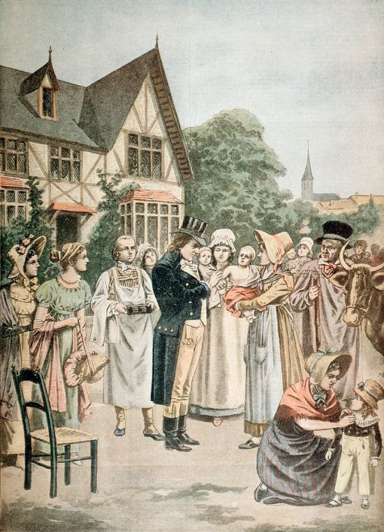 Le médecin anglais Edward Jenner vaccinant un enfant avec du sérum de variole bovine