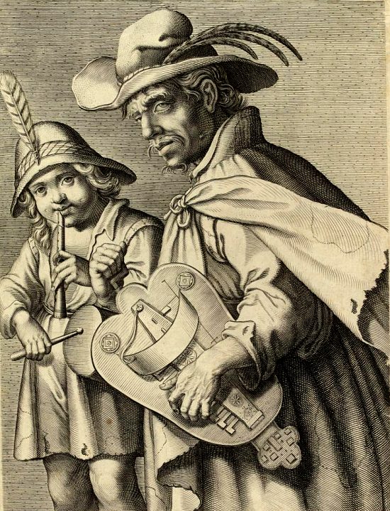 Joueur de vielle et enfant jouant du pipeau et battant du tambour. Estampe gravée par Charles David (XVIIe siècle)