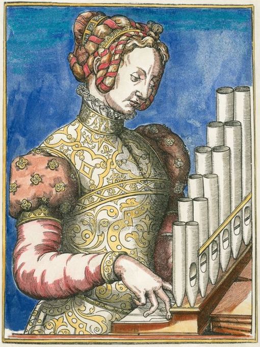 Joueuse d'orgue. Gravure (colorisée ultérieurement) de 1570