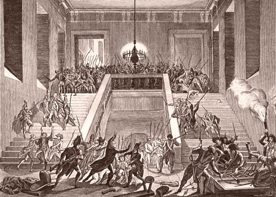 Les nobles présents aux Tuileries sont brutalement désarmés, le 28 février 1791. Eau-forte de 1815 d'après le dessin de Jean-Louis Prieur le Jeune (1759-1795)