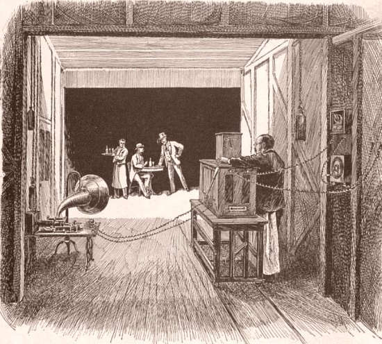 Intérieur d'un théâtre kinétographique : le kinéto-phonographe restitue les sons et les images animées. Illustration extraite de History of the kinetograph, kinetoscope and kinetograph, par William Kennedy Laurie Dickson and Antonia Dickson (1895)