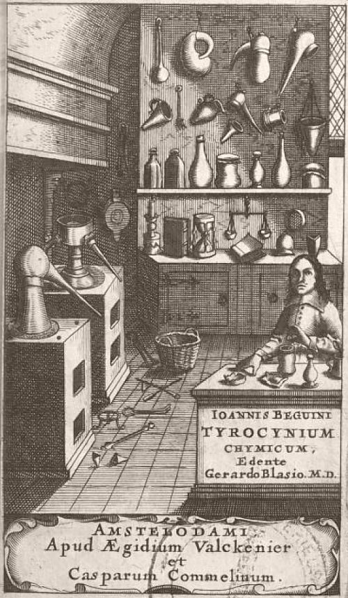 Représentation d'un laboratoire de chimie du XVIIe siècle. Frontispice de l'édition de 1659 du Tyrocynium chymicum, par Jean Béguin