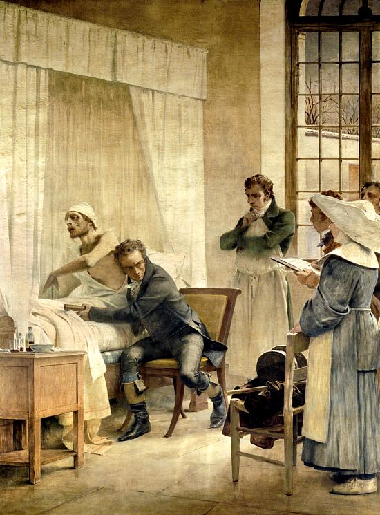 Laennec à l'hôpital Necker ausculte un phtisique devant ses élèves (1816). Peinture de Théobald Chartran (1849-1907)