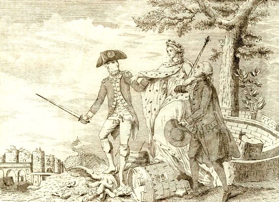 La France soutenue par messieurs Bailly et La Fayette sort glorieuse du tombeau creusé par le despotisme ministériel. Caricature de 1789-1790