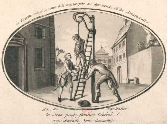 La Fayette traité comme il le mérite, par les démocrates et les aristocrates. Caricature de 1792