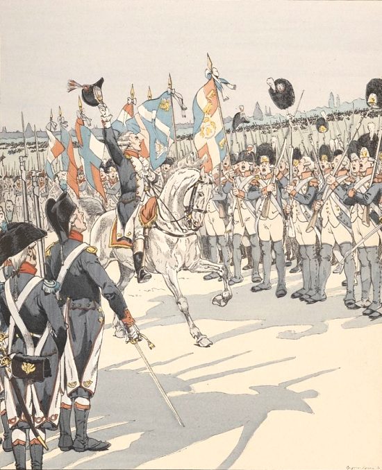 La Fayette, chef de la garde nationale, inaugure la cocarde tricolore et déclare : Cette Cocarde fera le tour du monde. Illustration de Jacques Onfroy de Bréville publiée dans Les mots historiques du pays de France, par E. Trogan (1896)