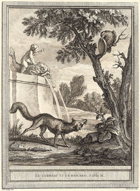 Le Corbeau et le Renard (Livre I, fable II). Gravure de Pierre-François Tardieu extraite de l'édition dite d'Oudry des Fables choisies, mises en vers par Jean de La Fontaine (1755)