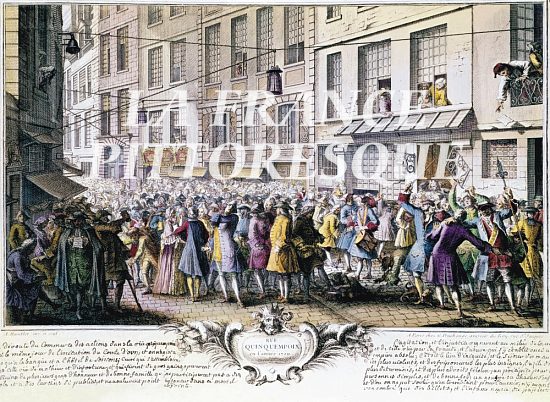 La rue Quincampoix en mars 1720, après la panique déclenchée par les ennemis de Law qui réalisèrent brusquement leurs actions et leurs billets. Gravure (colorisée) d'Antoine Humblot