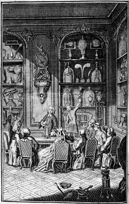 Une leçon de physique expérimentale par l'abbé Nollet. Gravure extraite de Leçons de physique expérimentale (par l'abbé Nollet), paru en 1745