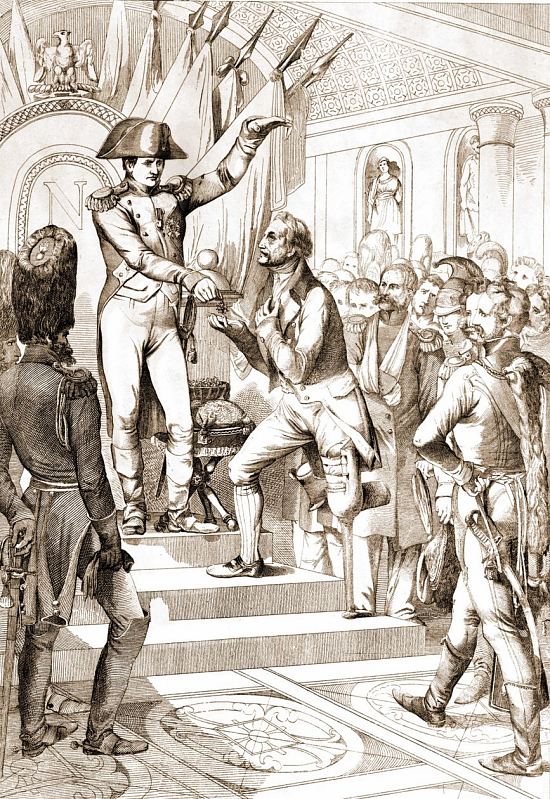 Première distribution des croix de la Légion d'honneur à l'église des Invalides en juillet 1804 par Napoléon. Gravure de Johann Nepomuk Geiger (1840)