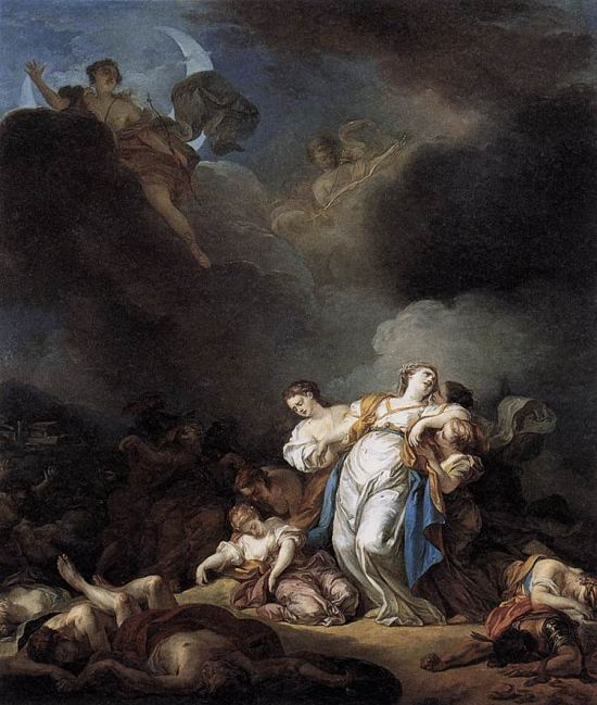 Les Enfants de Niobé tués par Apollon et Diane. Peinture d'Anicet Lemonnier (1772)