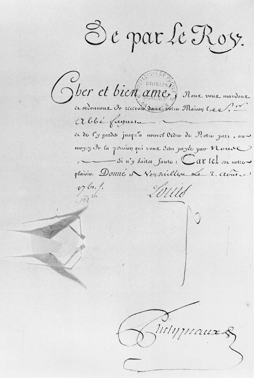 Lettre de cachet du roi Louis XV pour emprisonner l'abbé Faguer, le 2 août 1761