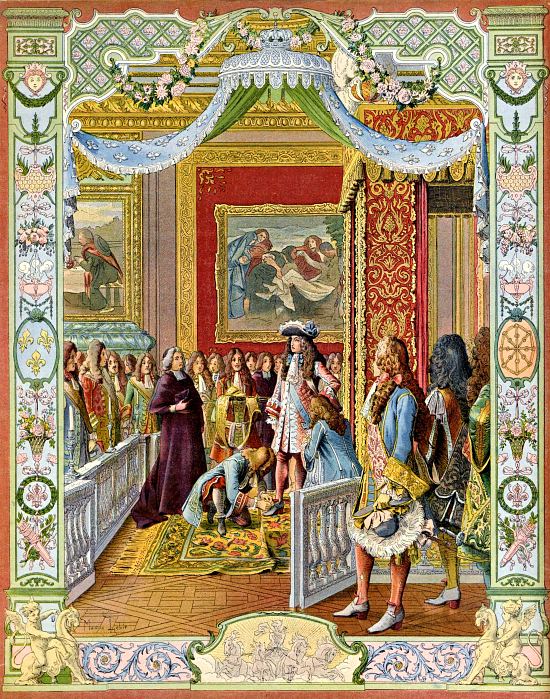 Le lever de Louis XIV. Illustration de Maurice Leloir extraite de Le Roy Soleil de Gustave Toudouze (1904)