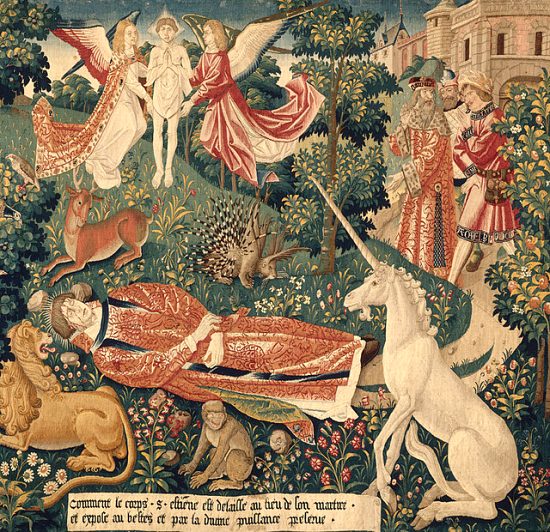 Tenture de saint Etienne, Scène 8 : le corps de saint Etienne respecté par les animaux sauvages. Tapisserie, vers 1500