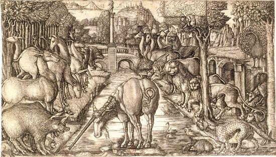 La licorne purifie une source (les animaux attendent pour boire l'eau de la fontaine que la licorne l'ait purifiée avec sa corne). Gravure réalisée en 1561 par Jean Duvet (1485-1562) dit le Maître à la Licorne