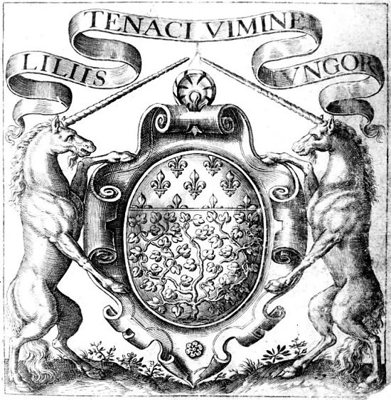 Armoiries d'Amiens avec les licornes comme support en 1653. Gravure extraite du Recueil des dernières et principales ordonnances qui concerne la garde de la ville d'Amiens
