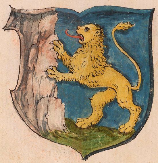 Ecu : lion rampant. Illustration extraite d'un Recueil d'armoiries polonaises, manuscrit à peinture du XVIIe siècle (cote ms-1114)