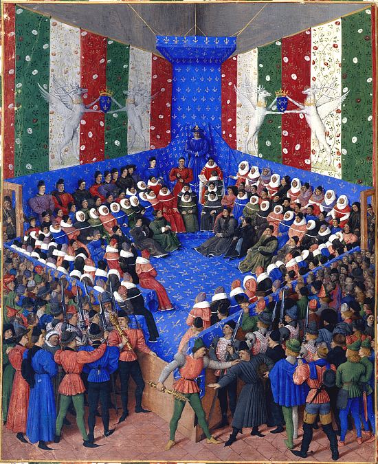 Lit de justice du roi Charles VII réuni à Vendôme pour le procès du duc Jean d'Alençon (du 26 août au 10 octobre 1458). Enluminure de Jean Fouquet extraite de Des cas des nobles hommes et femmes par Boccace (manuscrit n°369 de la Bayerische Staatsbibliothek München, vers 1460)