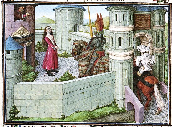 Coeur et Désir au château de Tristesse. Enluminure attribuée à Barthélemy d'Eyck et extraite de Livre du coeur d'amour épris, roman d'amour allégorique du roi René d'Anjou (exemplaire de la Bibliothèque nationale autrichienne de Vienne, manuscrit n°2597)