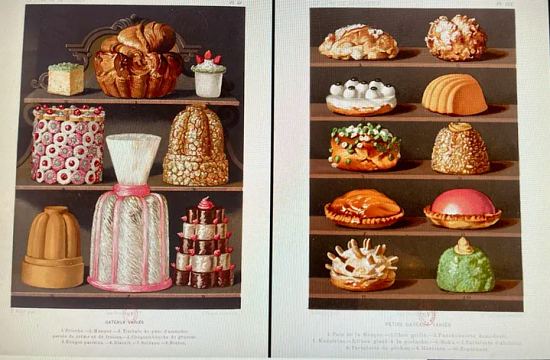 Deux planches extraites de l'ouvrage Le Livre de la pâtisserie du disciple de Carême Jules Gouffé (1807-1877) que l'on peut voir sur un écran à l'exposition