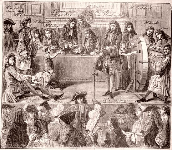 Les loteries tirées par permission du roi pour le bien public et le soulagement des hôpitaux. Gravure parue dans le Grand Almanach de 1706