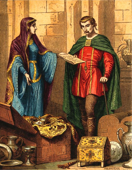 Louis II le Bègue recevant de sa belle-mère (Richilde d'Ardennes, seconde épouse de Charles II le Chauve) le testament et le trésor laissés par son père. Gravure (colorisée ultérieurement) extraite de Histoire de France en cent tableaux (par Paul Lehugeur), paru en 1880