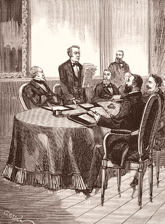 Louis Blanc au Palais du Luxembourg. Gravure extraite de Histoire du socialisme depuis les temps les plus reculés jusqu'à nos jours ou Efforts des réformateurs et des révoltés à travers les âges - Tome 2 - (par Benoît Malon), paru en 1883