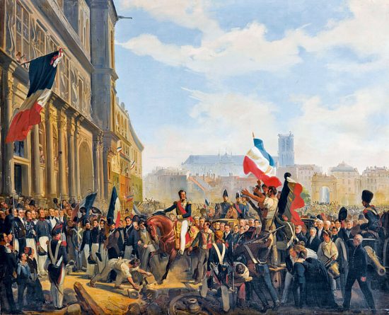 Louis-Philippe d'Orléans, lieutenant général du royaume, arrivant à l'Hôtel de Ville de Paris, le 31 juillet 1830. Peinture d'Éloi-Firmin Féron (1837), réduction du tableau original de Charles-Philippe Larivière