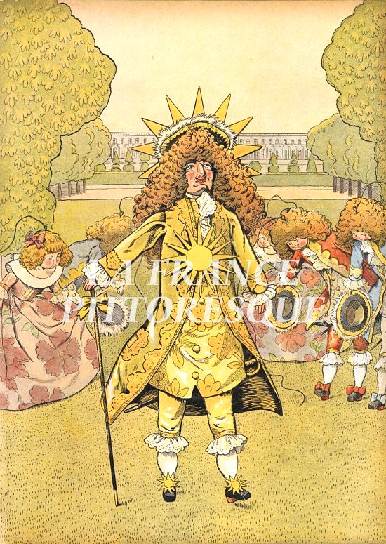 Louis XIV, le Roi-Soleil. Illustration extraite de Jouons à l'Histoire. La France mise en scène avec les joujoux de deux petits Français de Job et Georges Montorgueil, paru en 1908