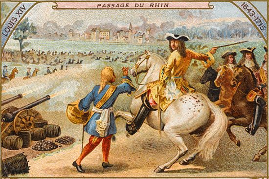 Passage du Rhin par Louis XIV le 12 juin 1672 (chromolithographie du XXe siècle). Après la conquête de la Flandre, les Hollandais, Anglais et Suédois tentèrent d'arrêter les troupes françaises qui se dirigeaient sur la Hollande