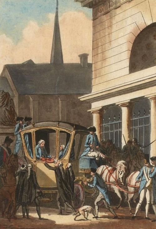 Arrivée de Louis XVI dans la capitale trois jours après les événements de la Bastille. Gravure de Jean-François Janinet (1790)