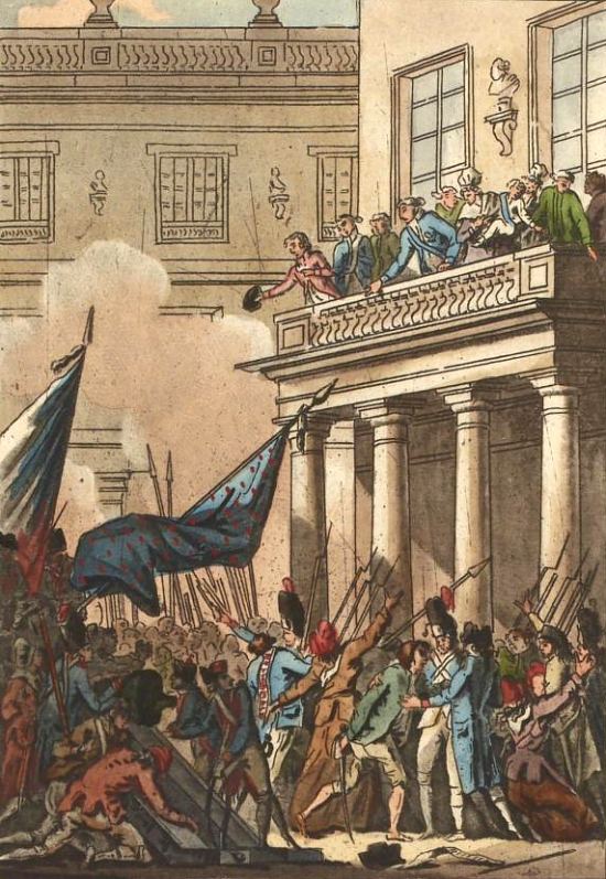 Louis XVI paraissant le matin du 6 octobre 1789 au balcon donnant sur la Cour de marbre, au château de Versailles, et s'engageant à se rendre à Paris, accompagné de sa famille. Gravure de Jean-François Janinet (1790)