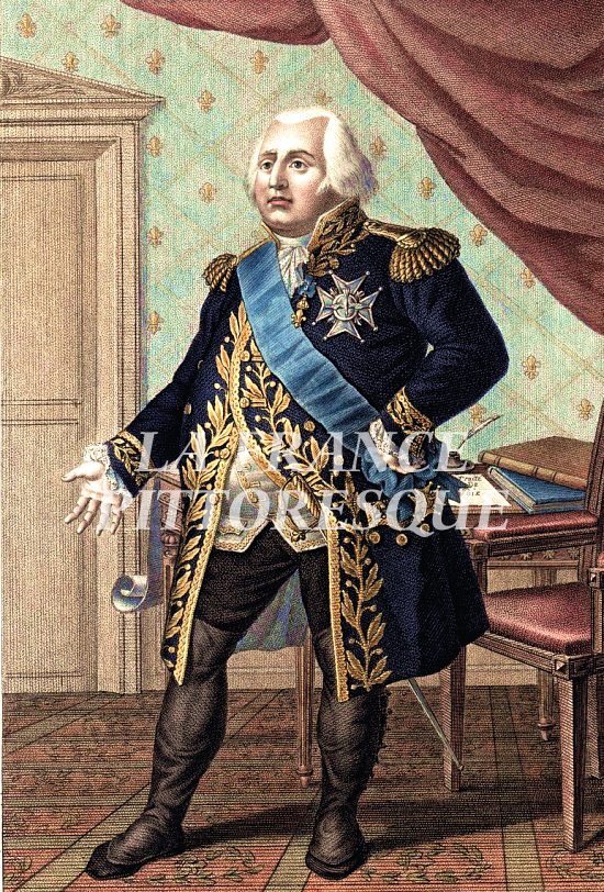 Louis XVIII, après avoir signé la Paix dans son Cabinet au château des Tuileries en 1814. Gravure du temps