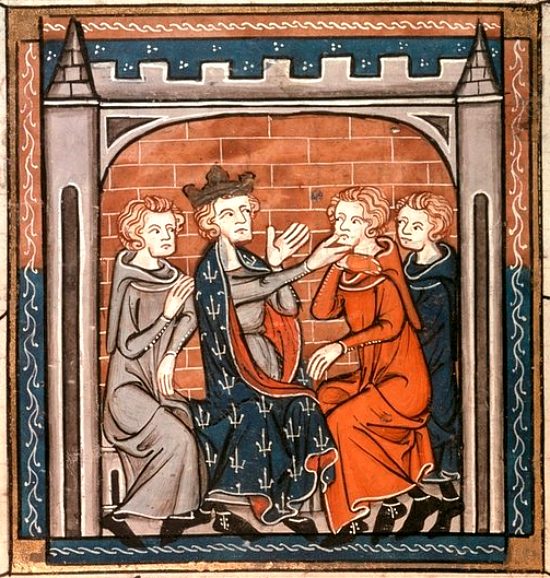 Saint Louis guérit les écrouelles. Enluminure extraite des Grandes Chroniques de France (vers 1340)