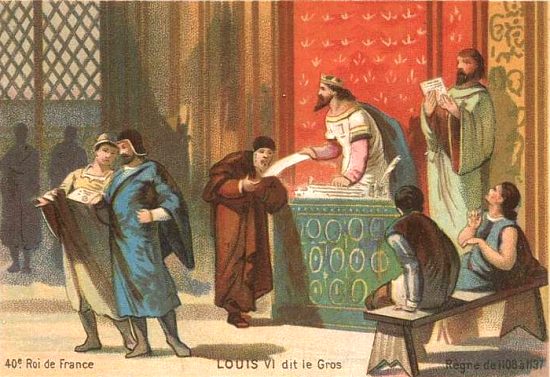Louis VI le Gros accordant aux États et aux citoyens privilèges et libertés. Chromolithographie de 1890 extraite d'une série sur l'Histoire de France